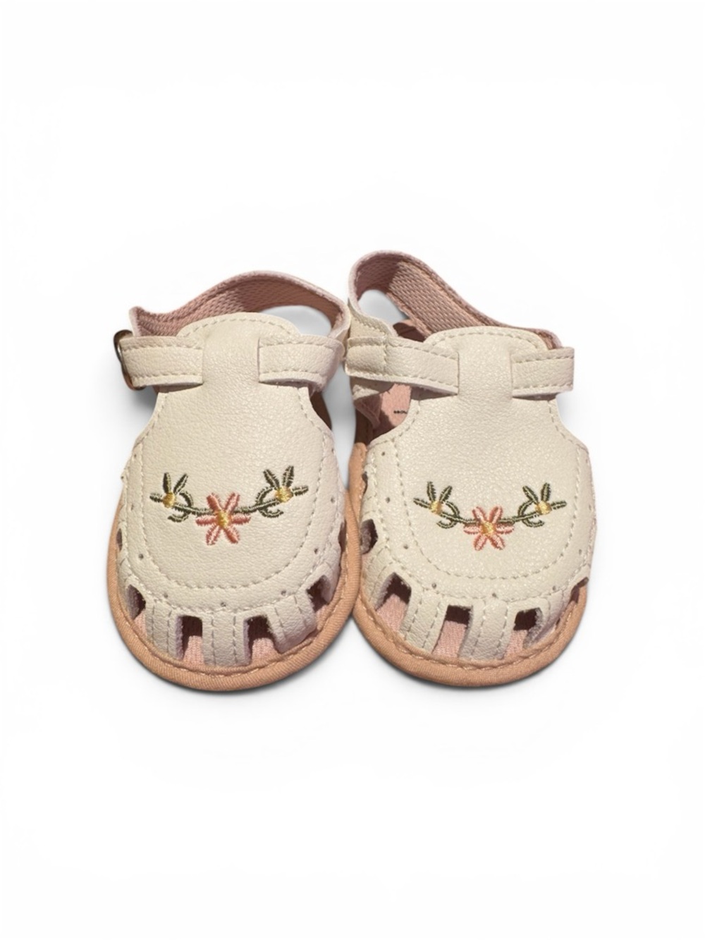Kids Cream & Pink Floral Embroidered Sandals